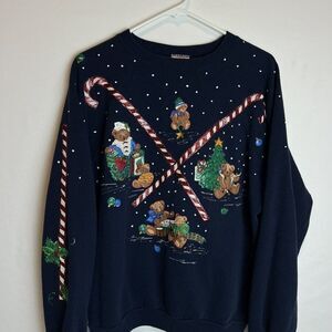 Hanes Vintage Christmas Canes Santa Claus Bear Navy Blue Crewneck Sweatshirt XL